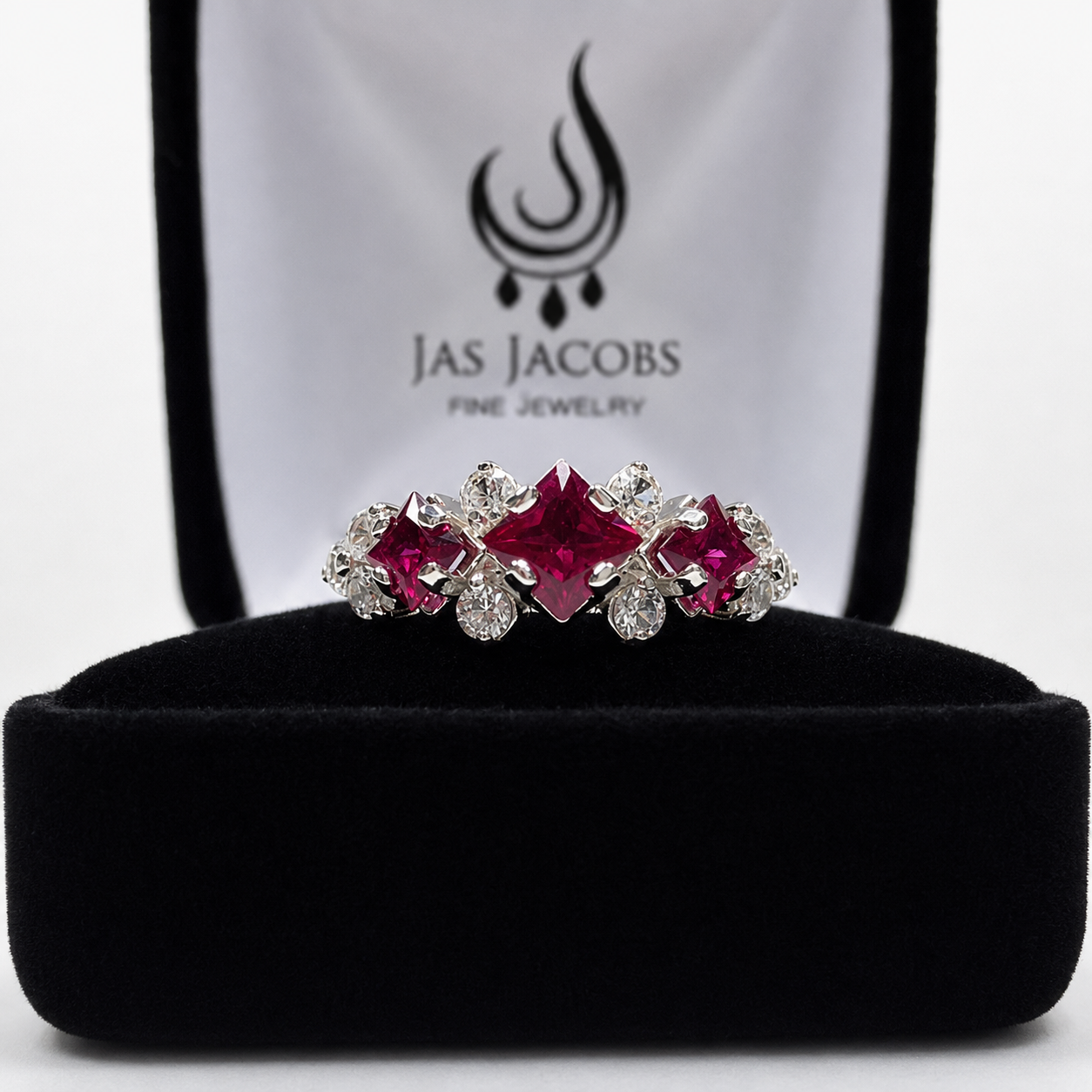 Art Deco Inspired Ruby and Diamond Three Stone Ring