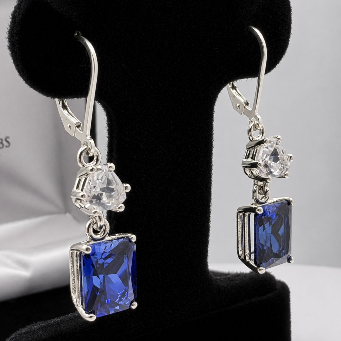 9ctw Emerald Cut Blue Sapphire & White Sapphire Dangle Earrings