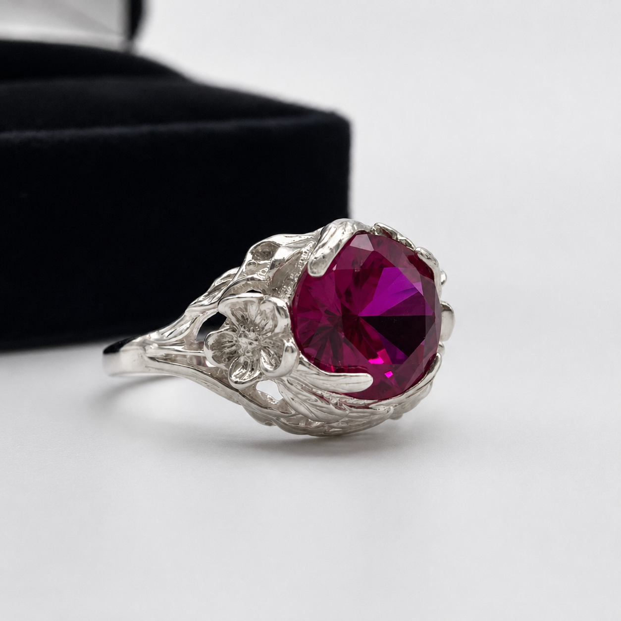 4ct Ruby Floral Ring in Sterling Silver | Sculptural Floral Botanical Statement Ring | Nature Inspired Ruby Jewelry