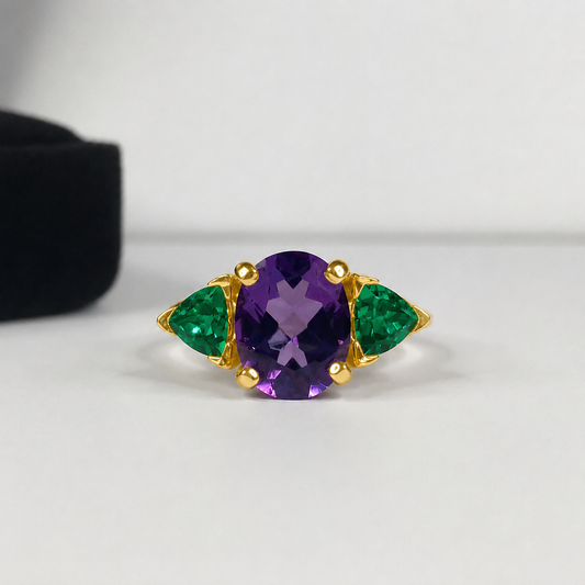 4CTW Oval Cut Amethyst & Trillion Cut Emerald Ring | Mardi Gras Ring