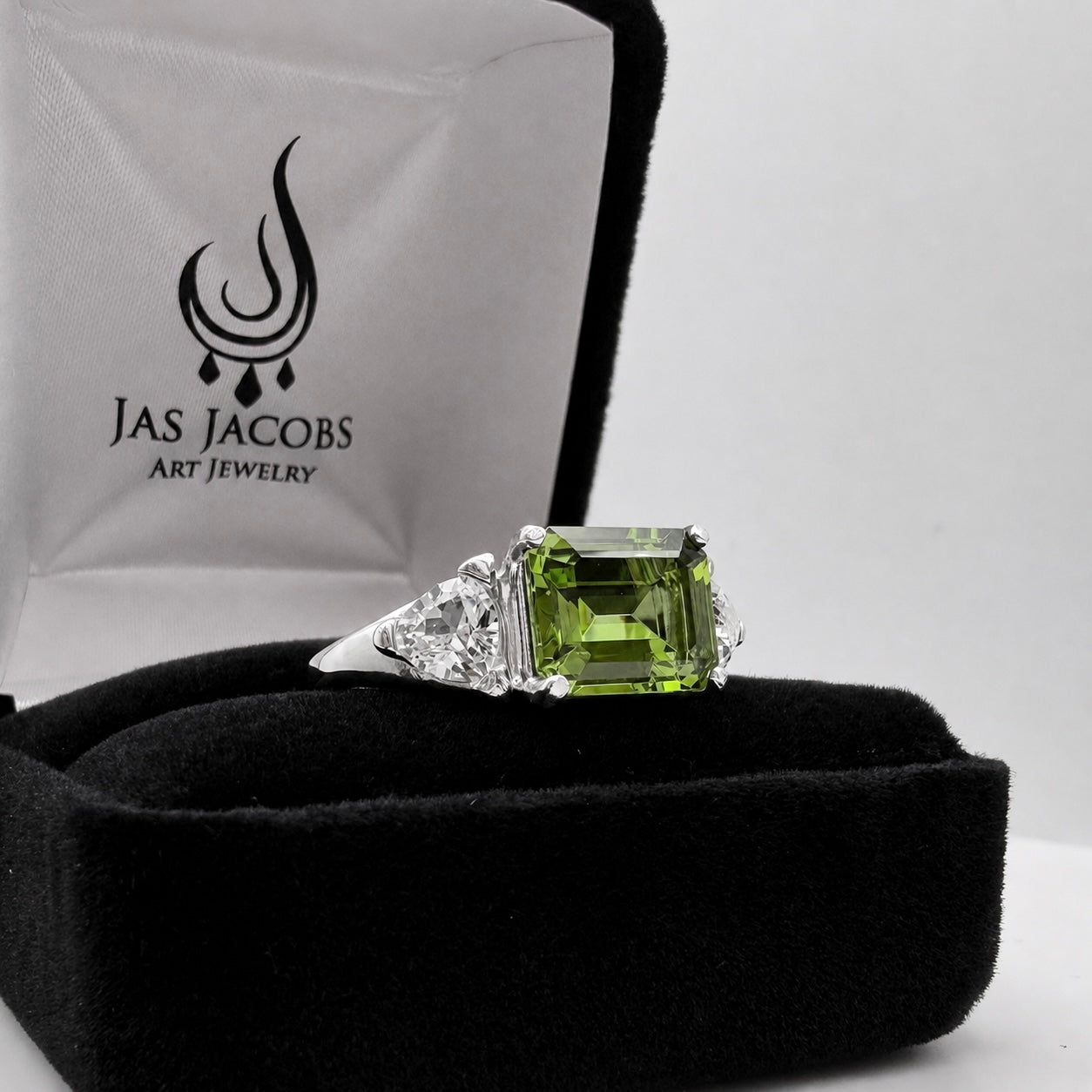 Emerald Cut Peridot & Trillion White Sapphire Art Deco Ring