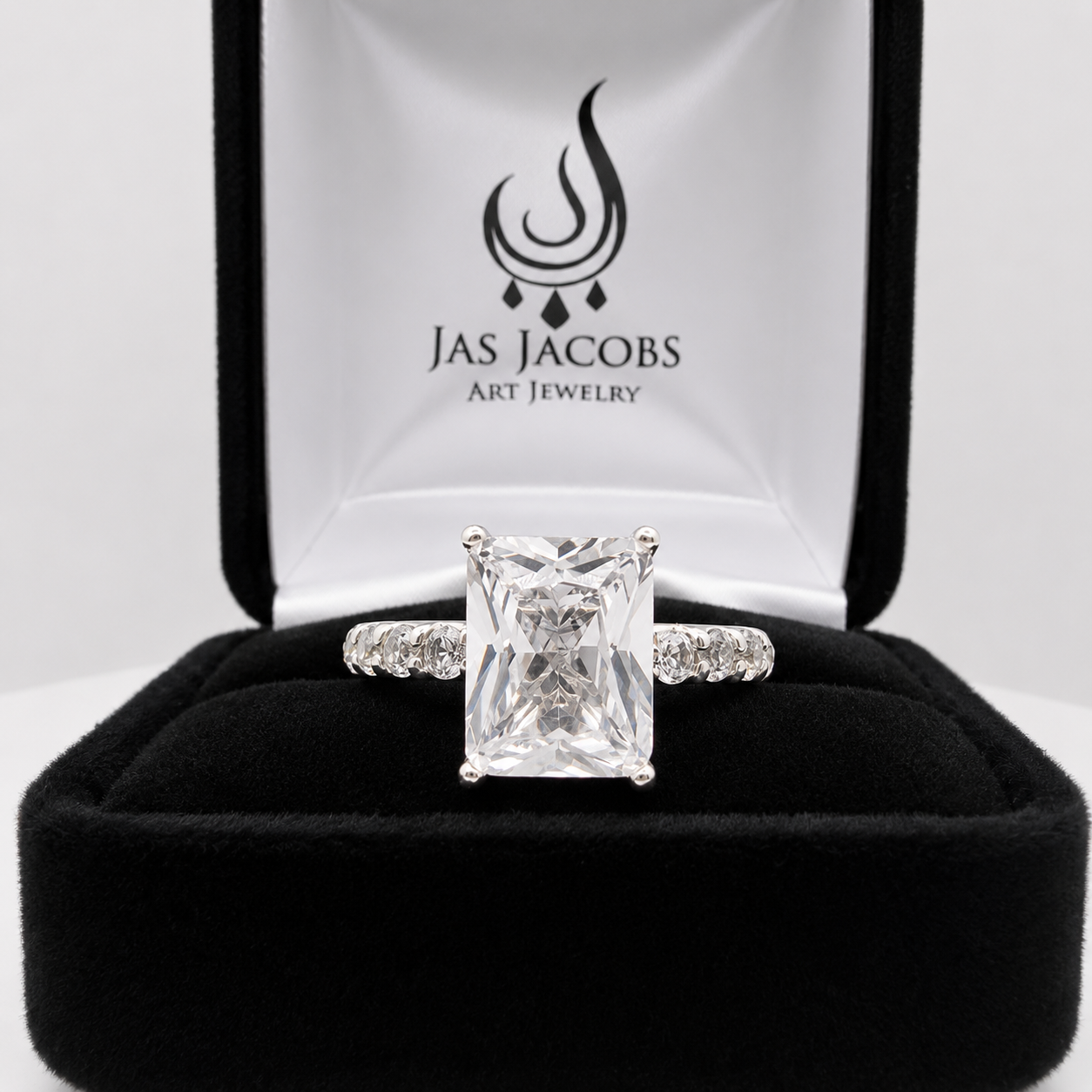 4CT Emerald Cut White Sapphire Ring | 0.64 CTW Diamond Accent Engagement Ring