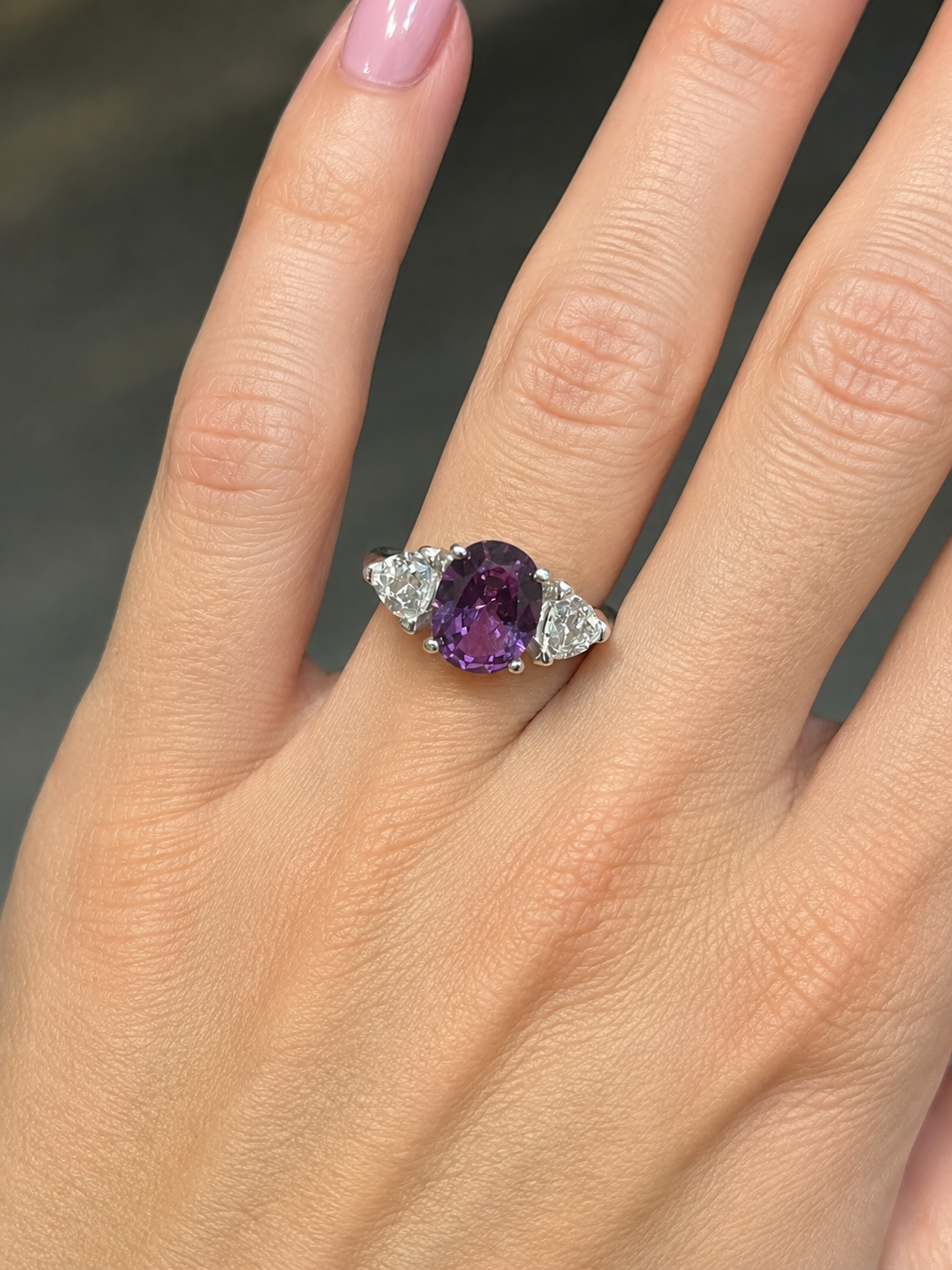 4ctw Color Change Alexandrite Sapphire Ring | Trillion White Sapphires | Three-Stone Ring