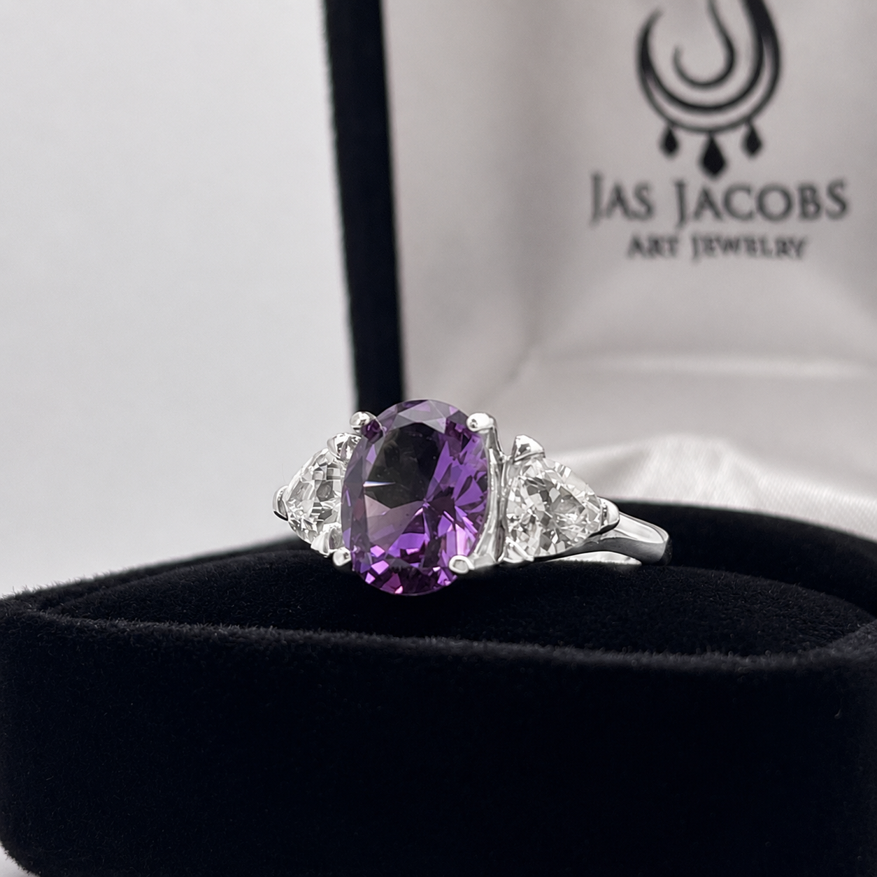 4ctw Color Change Alexandrite Sapphire Ring | Trillion White Sapphires | Three-Stone Ring