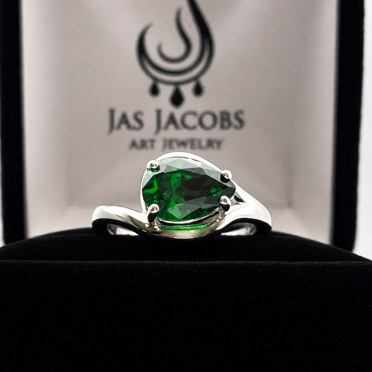 Pear Cut Emerald Ring Side Set Green Teardrop Gemstone Ring | Handmade Fine Jewelry