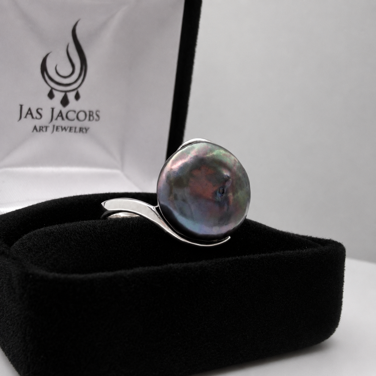 13mm Peacock Black Coin Pearl Ring | Sterling Silver Arabesque Statement Jewelry