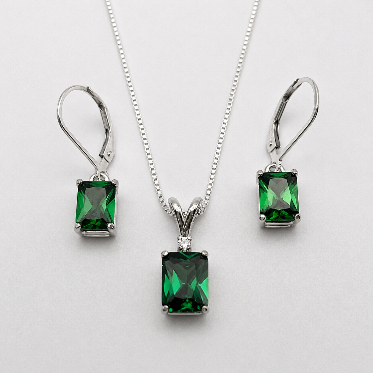 7 CTW Emerald Cut Emerald & White Sapphire Jewelry Set