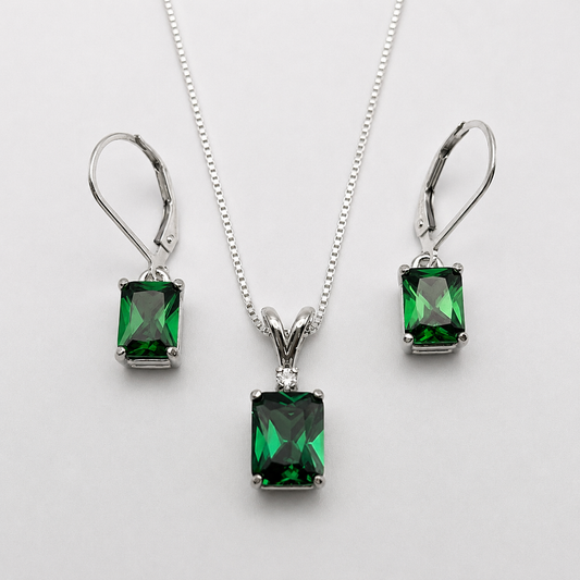 7 CTW Emerald Cut Emerald & White Sapphire Jewelry Set