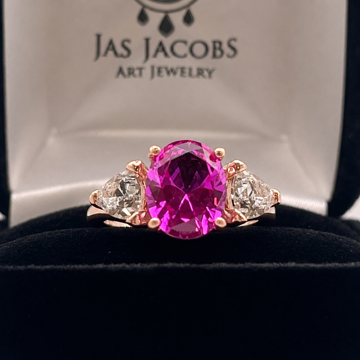4ctw Bright Pink Sapphire Ring | White Sapphire Trillions | Three-Stone