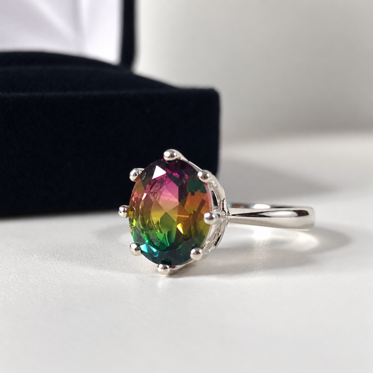 3ct Watermelon Tourmaline Quartz Ring – Art Deco Crown Solitaire