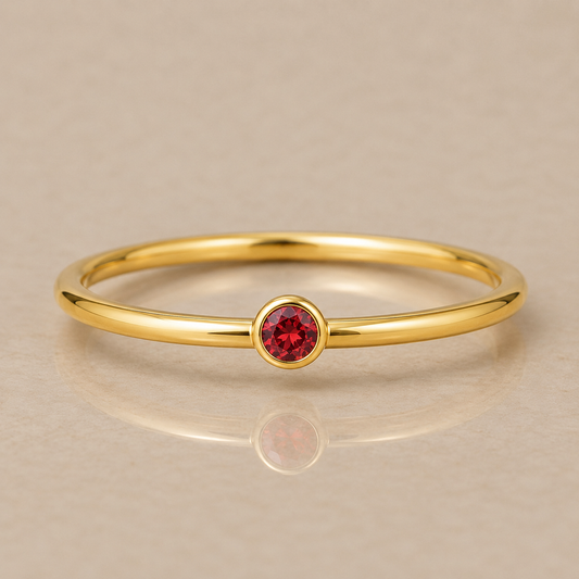 14K Yellow Gold Filled 2mm Ruby-Inspired Red Cubic Zirconia Ring | Water Resistant Stackable Ring | July Birthstone Jewelry