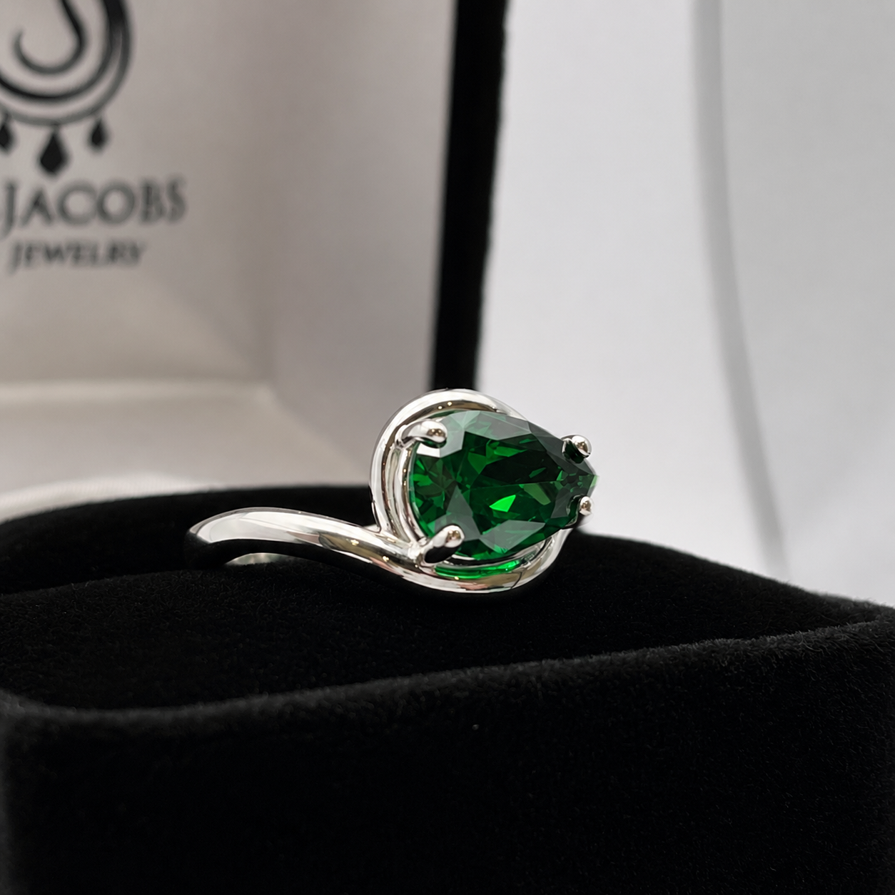 Pear Cut Emerald Ring Side Set Green Teardrop Gemstone Ring | Handmade Fine Jewelry