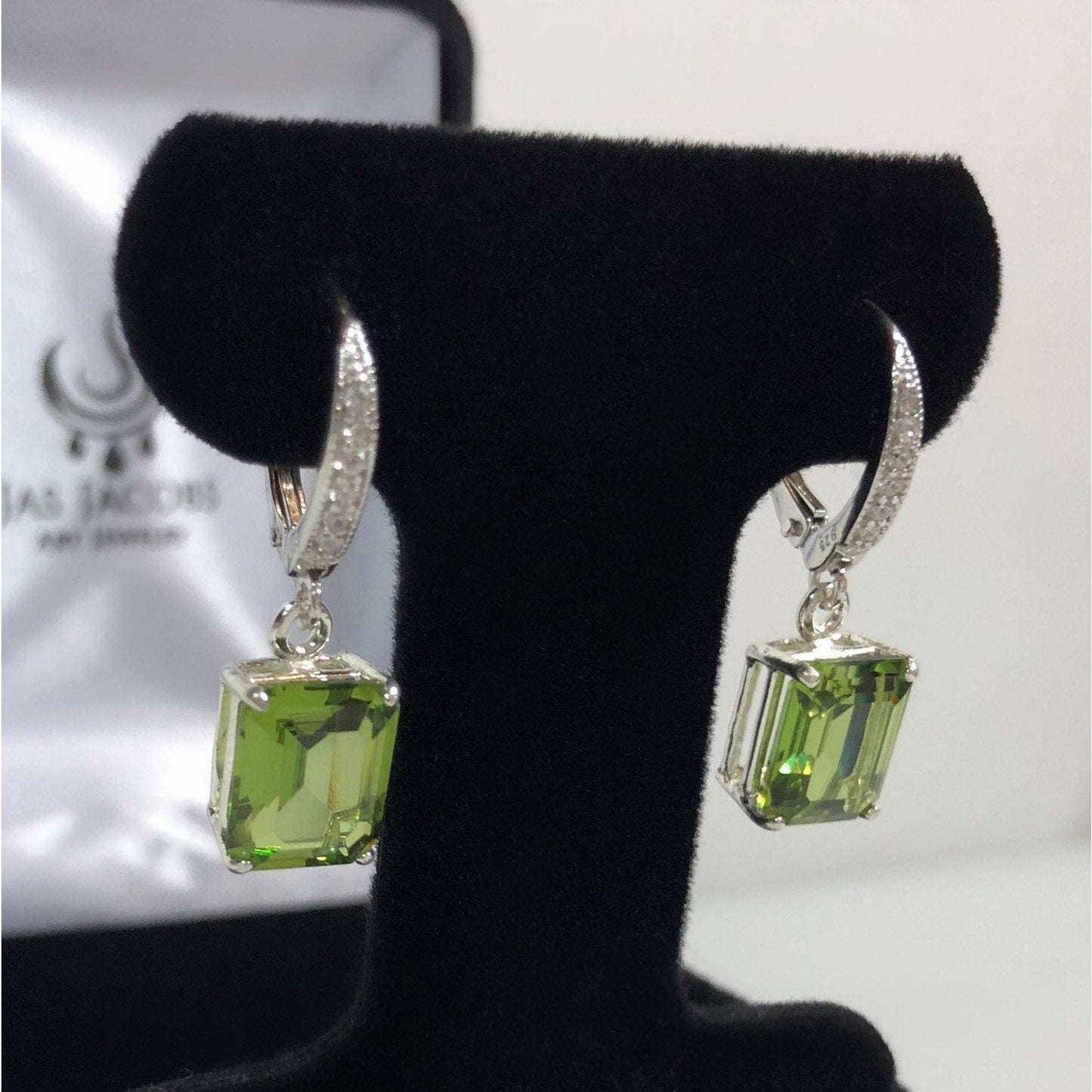 Beautiful 7.3ctw Emerald Cut Peridot Earrings with White Sapphire Accents in Sterling Silver