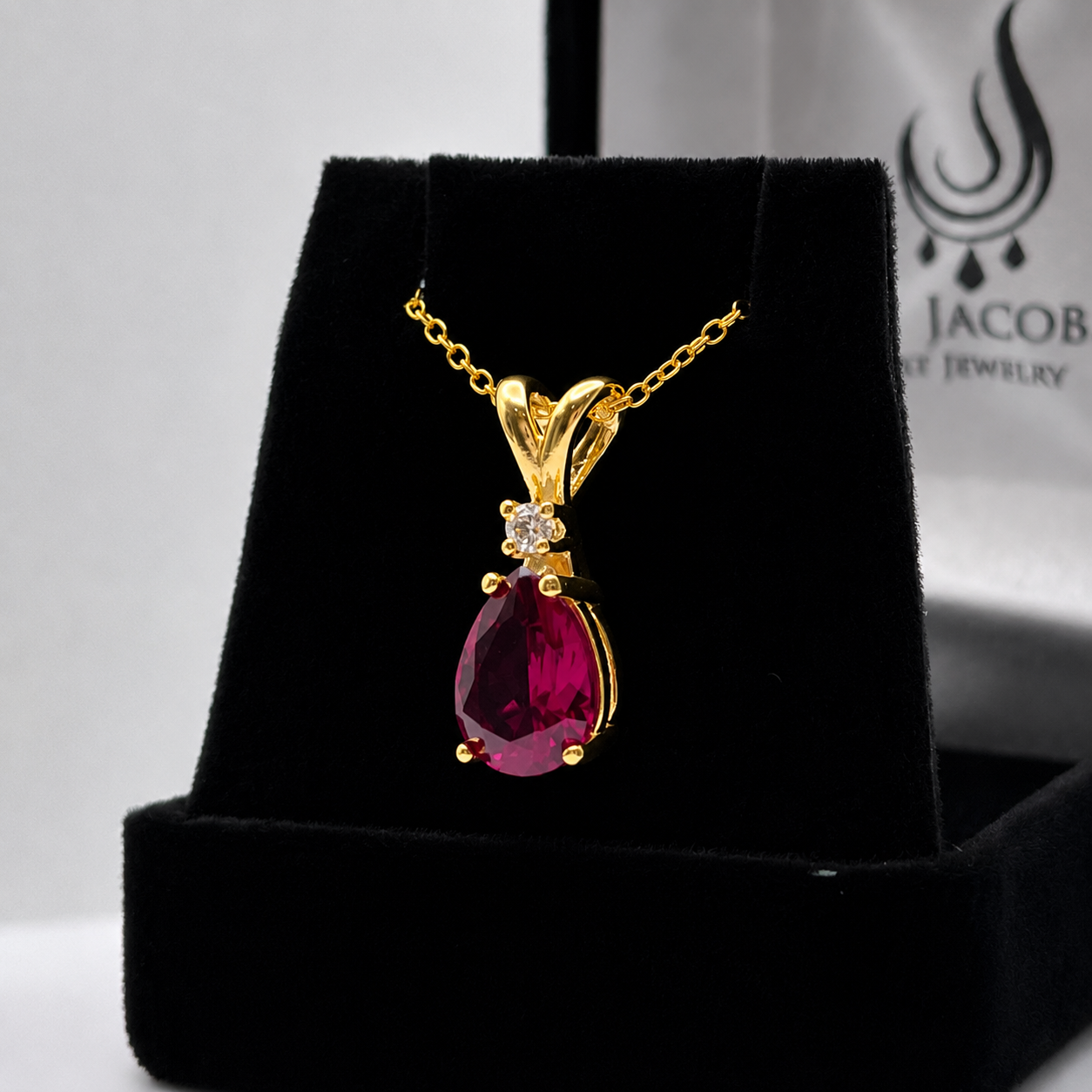 2.2CT Pear Cut Ruby Pendant Necklace | Diamond Accent