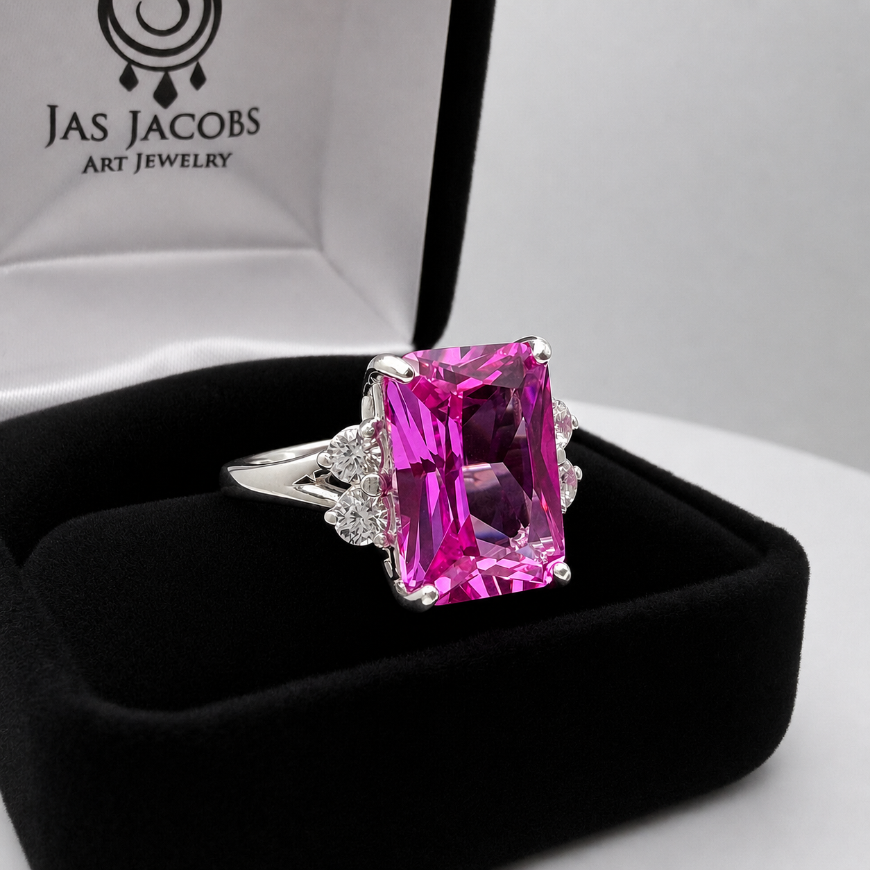 8ct Emerald Cut Pink Sapphire Ring with Diamond Accents | Available in 10k & 14k Gold or Sterling Silver