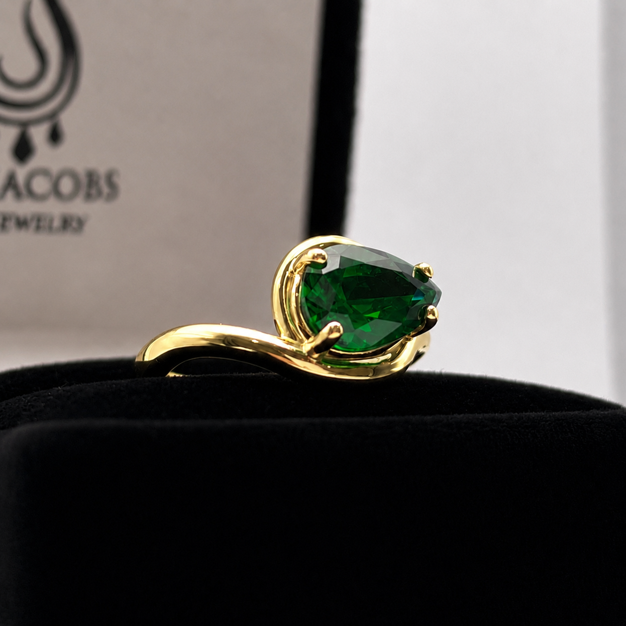Pear Cut Emerald Ring in White Gold, Yellow Gold or Rose Gold | Side Set Emerald Solitaire Ring | Custom Made May Birthstone Ring