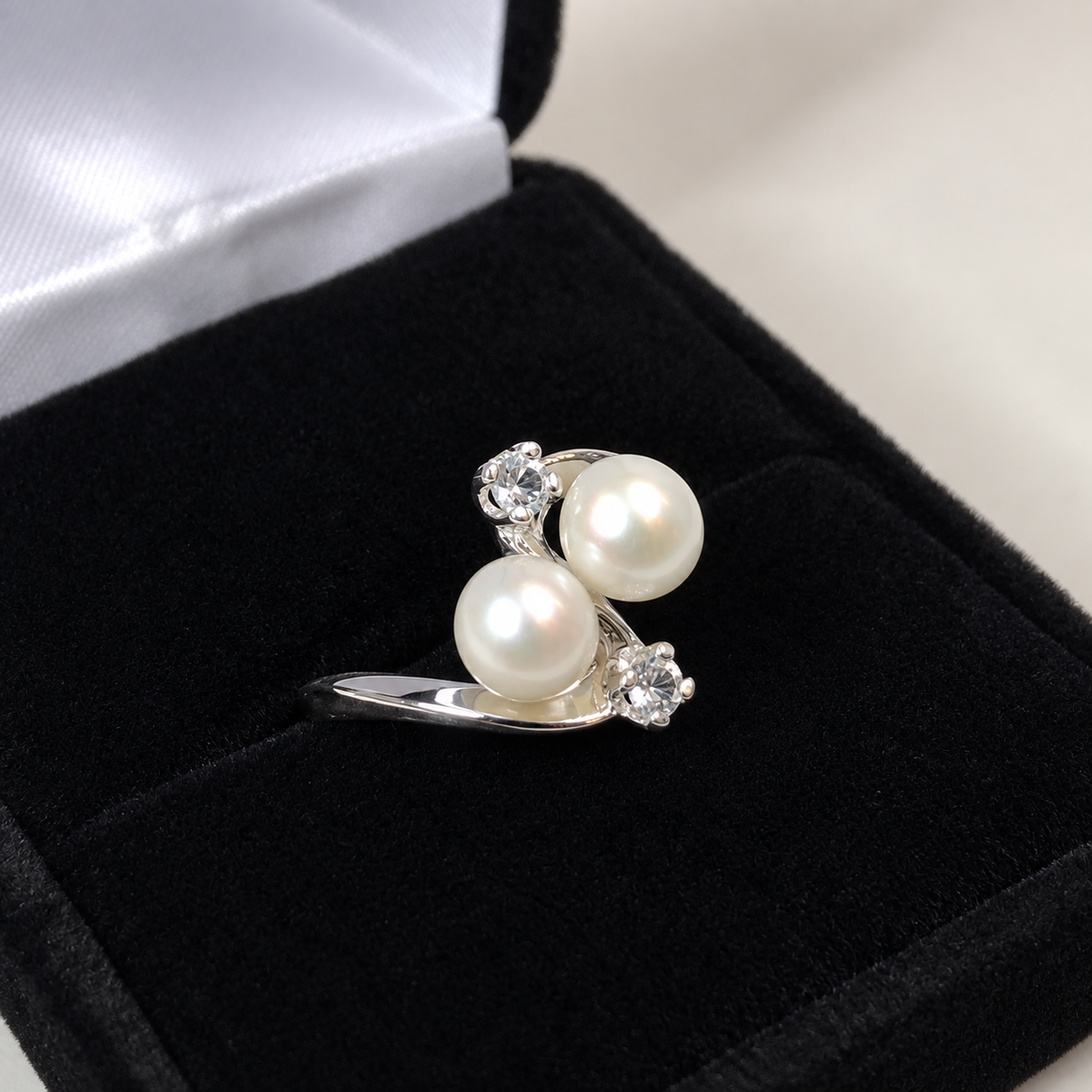Twin Pearl & White Topaz Sculptural Ring