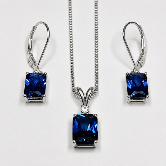 5.25ctw Emerald Cut Sapphire Earrings & Necklace Set