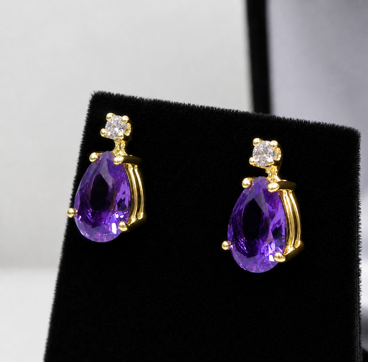 3.3CTW Pear Cut Amethyst Drop Earrings with Diamond Accents