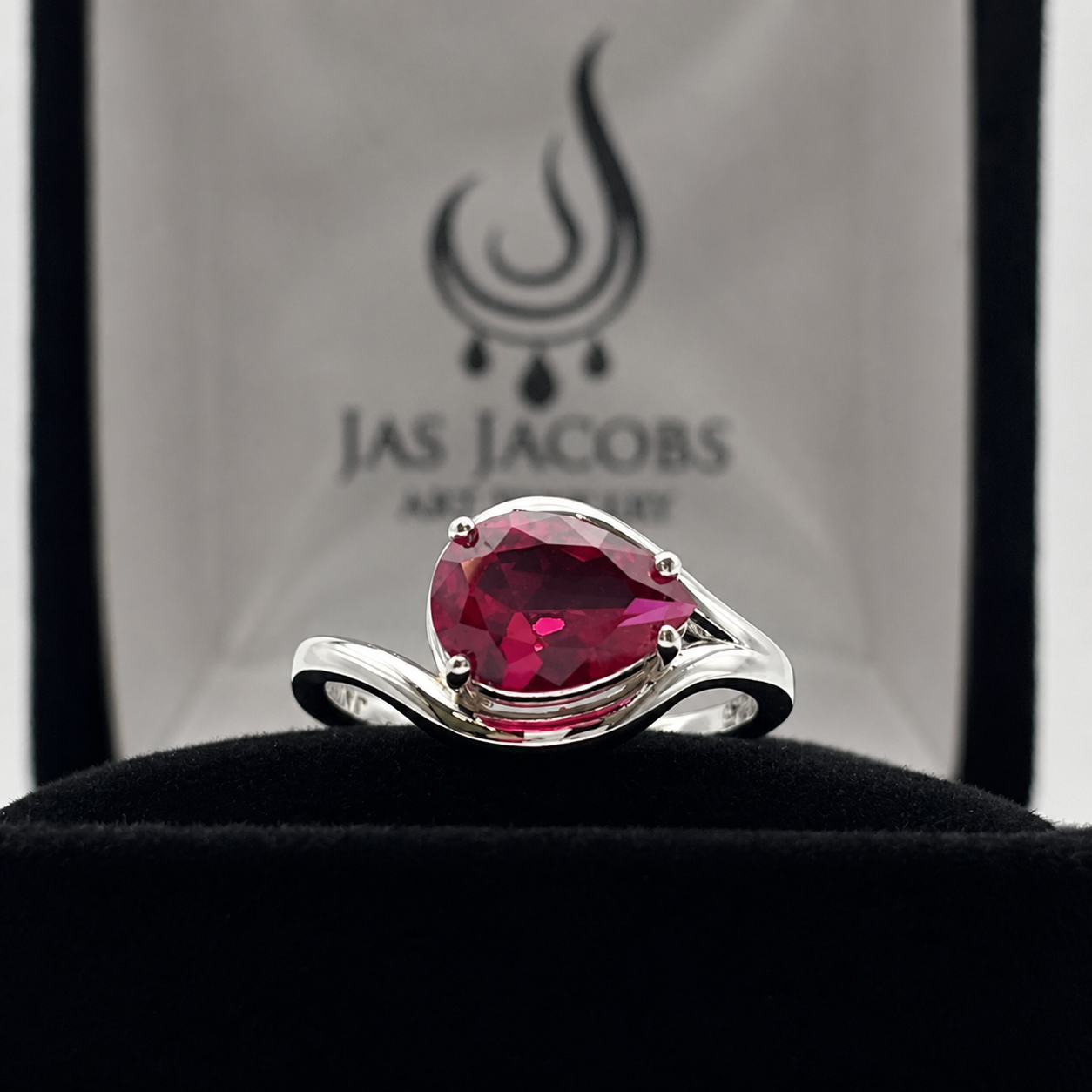Pear Cut Side Set Ruby Ring | Elegant Arabesque Solitaire Ruby Ring | Available in Sterling Silver & 10K or 14K Gold