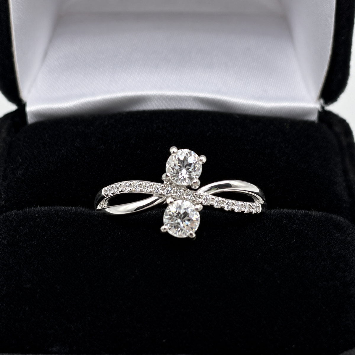 White Sapphire Two Stone Bypass Ring with Pavé Twist