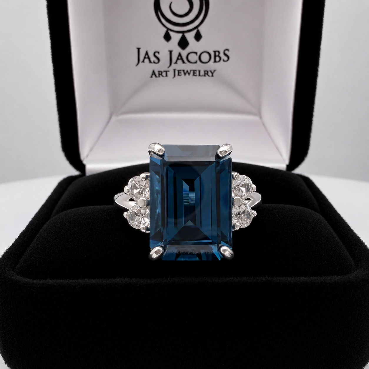 7ct Emerald Cut London Blue Spinel and White Topaz Ring | Split Shank Cathedral Ring | 10k or 14k Gold