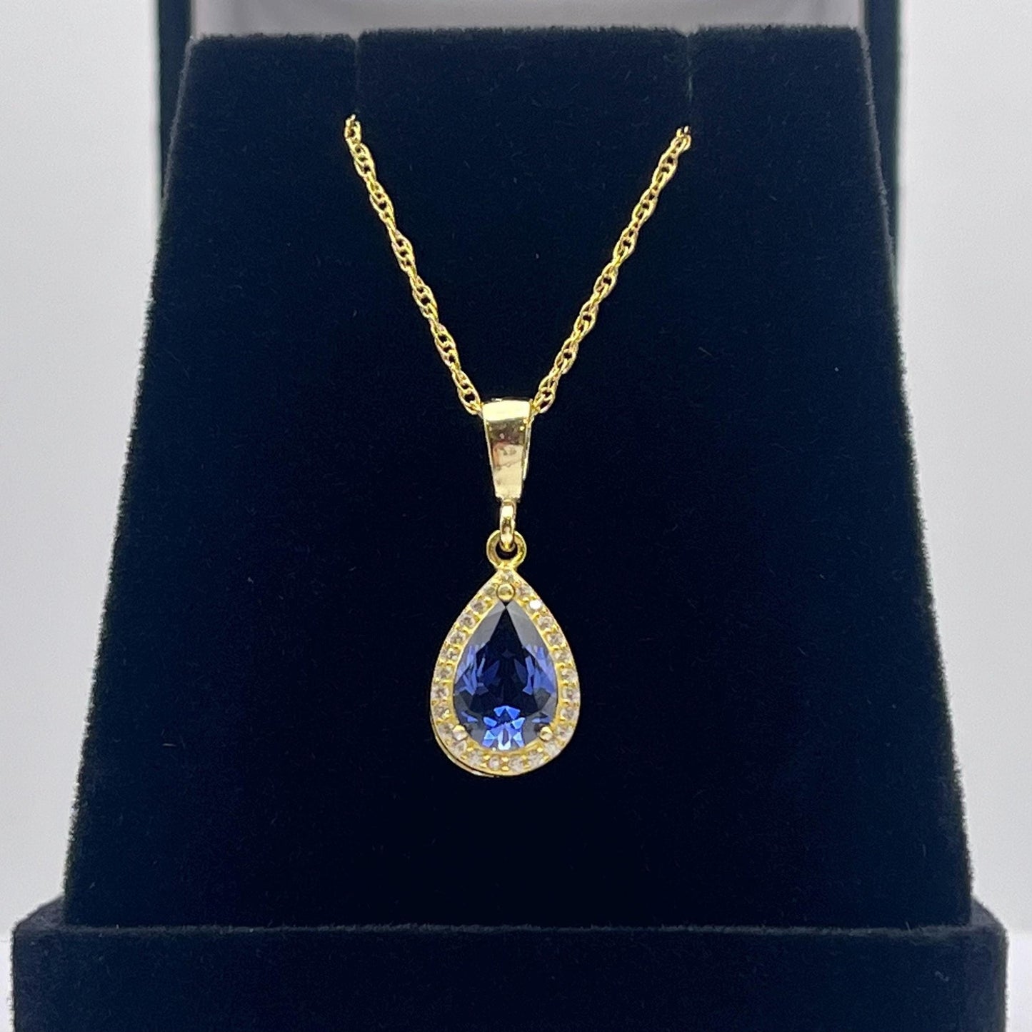 Beautiful 1.5ct Sapphire Necklace Halo Pendant 14k Yellow Gold Vermeil 16” 18” Bridal Jewelry Gift Teardrop