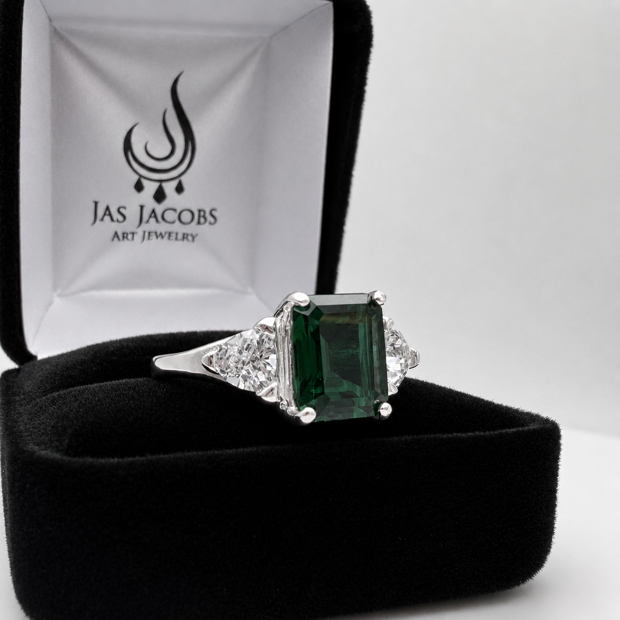 4.5CTW Emerald Cut Lab Emerald Ring | Trillion White Sapphire Three Stone Ring