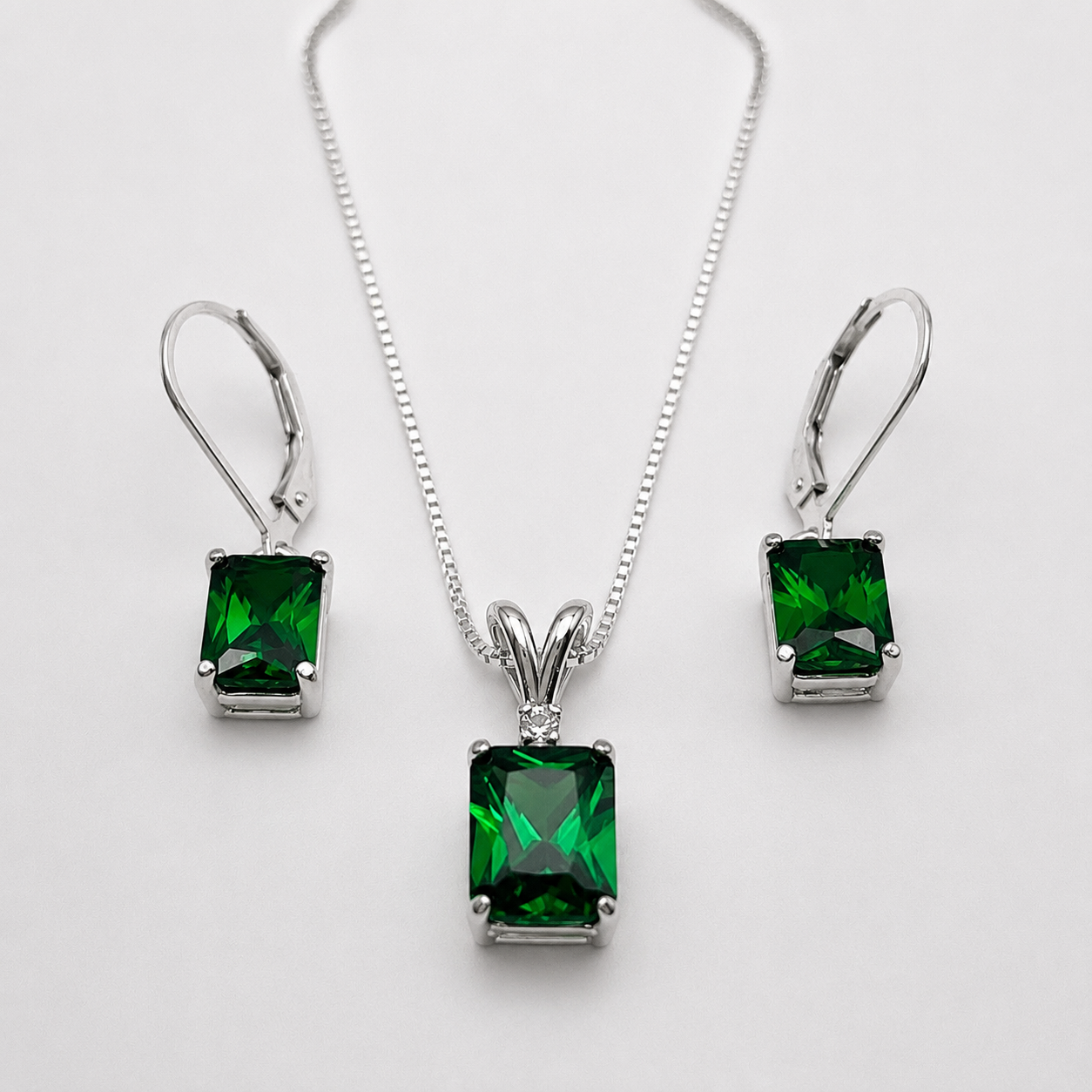 7 CTW Emerald Cut Emerald & White Sapphire Jewelry Set