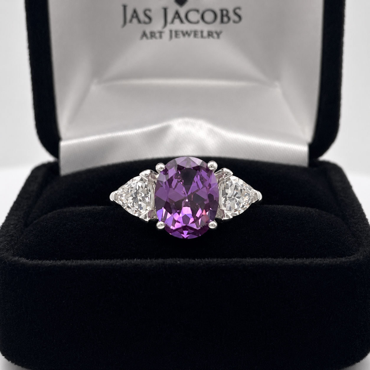 4ctw Color Change Alexandrite Sapphire Ring | Trillion White Sapphires | Three-Stone Ring