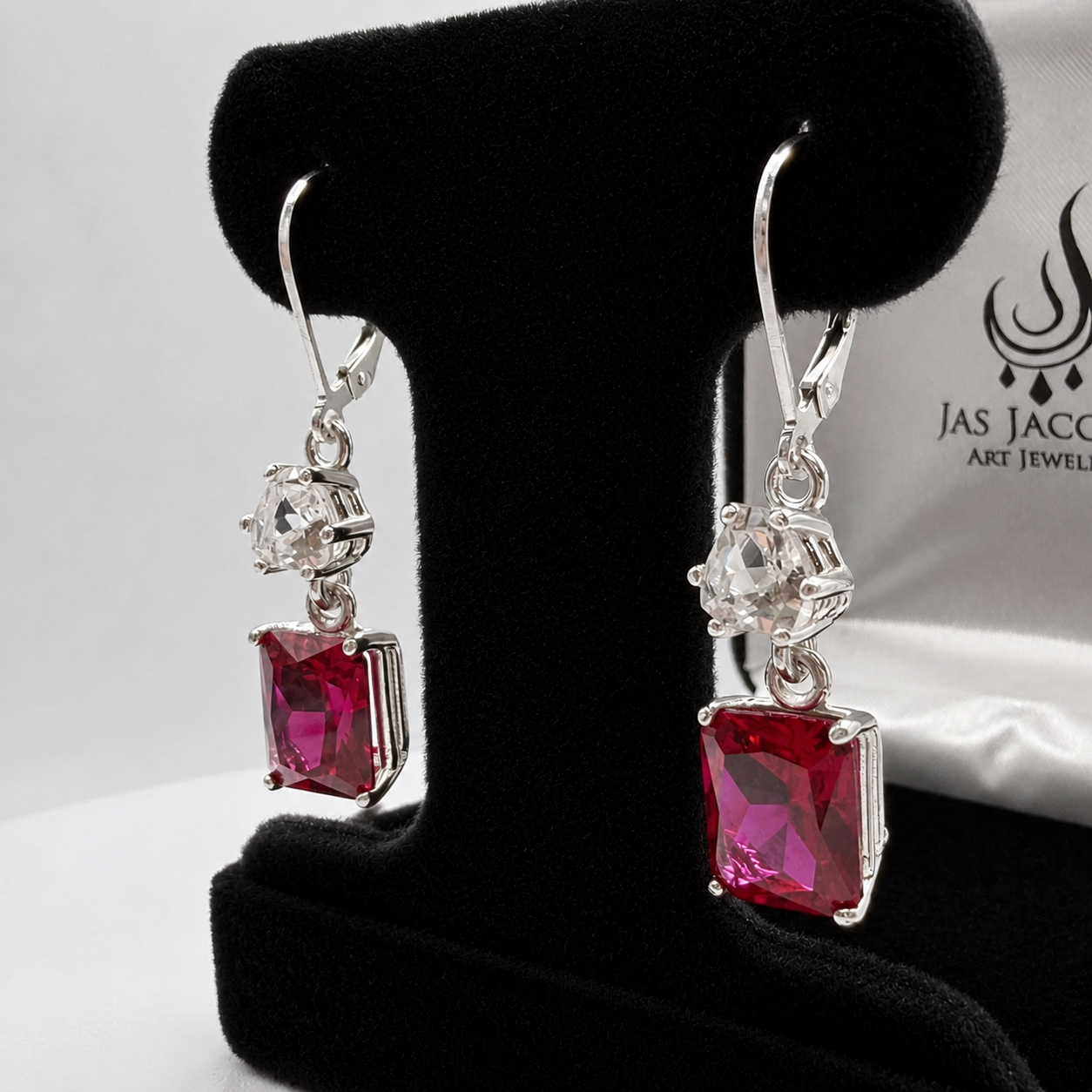 9ctw Emerald Cut Ruby & White Sapphire Dangle Earrings