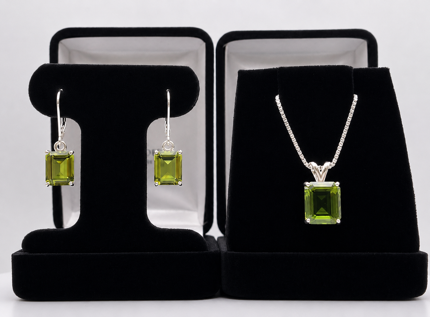 Emerald Cut Peridot Necklace and Earrings Set in Sterling Silver | August Birthstone Jewelry Gift for Her