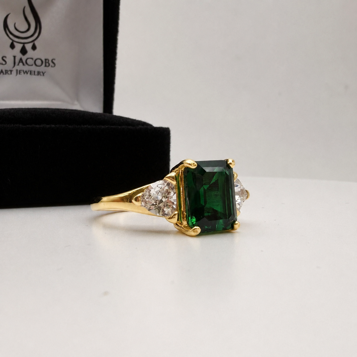 4.5CTW Emerald Cut Lab Emerald Ring | Trillion White Sapphire Three Stone Ring