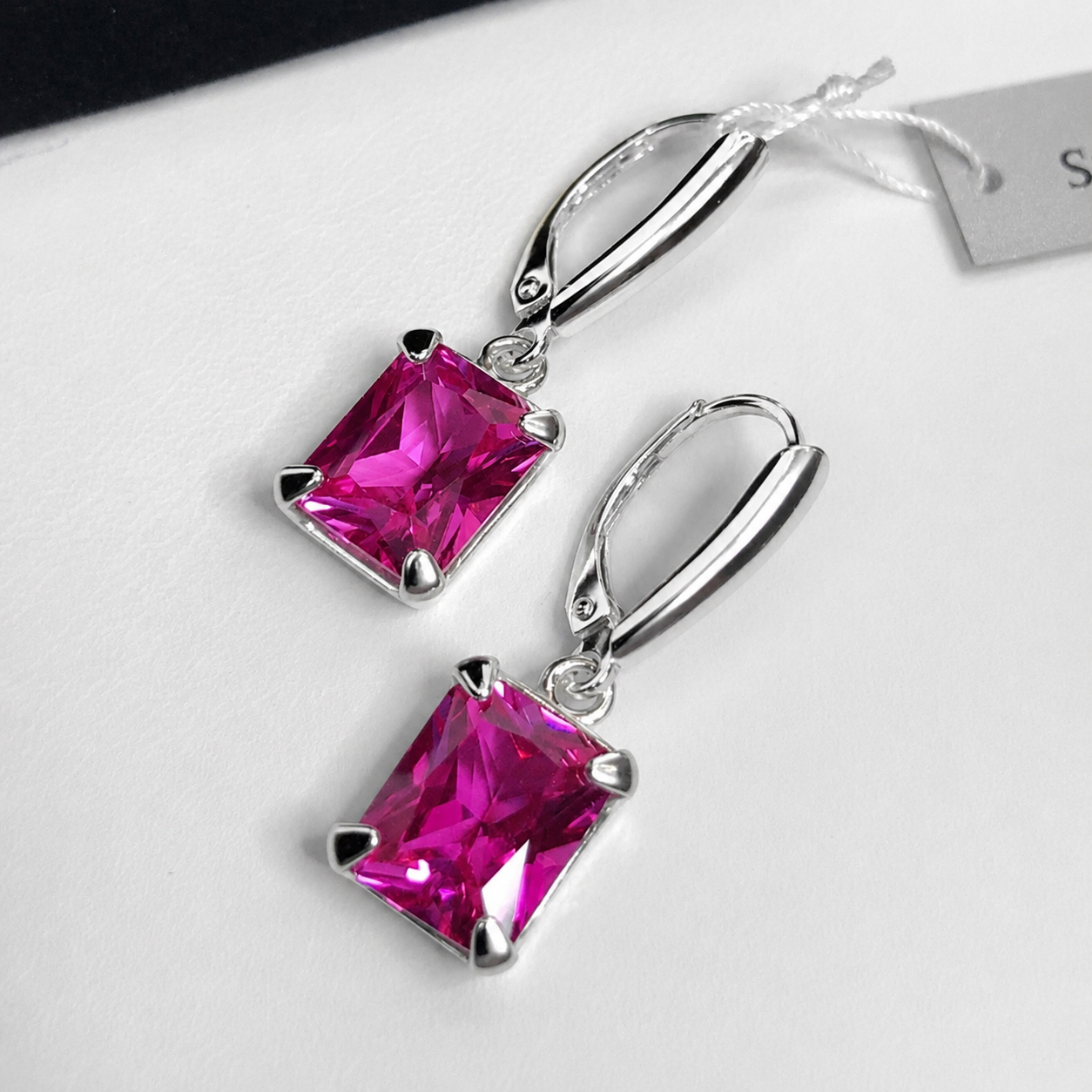 Emerald Cut Pink Sapphire Earrings | 8CTW Leverback Drop Earrings | Statement Pink Gemstone Earrings