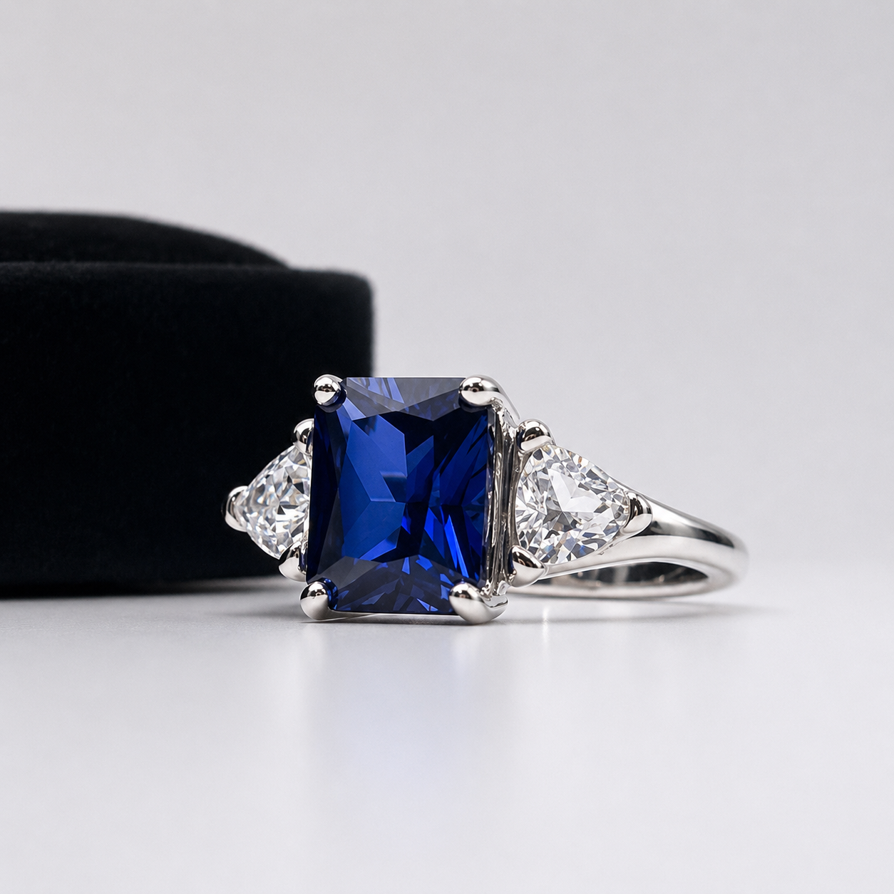 5.5ctw Emerald Cut Blue Sapphire Ring with Trillion Cut Side Stones