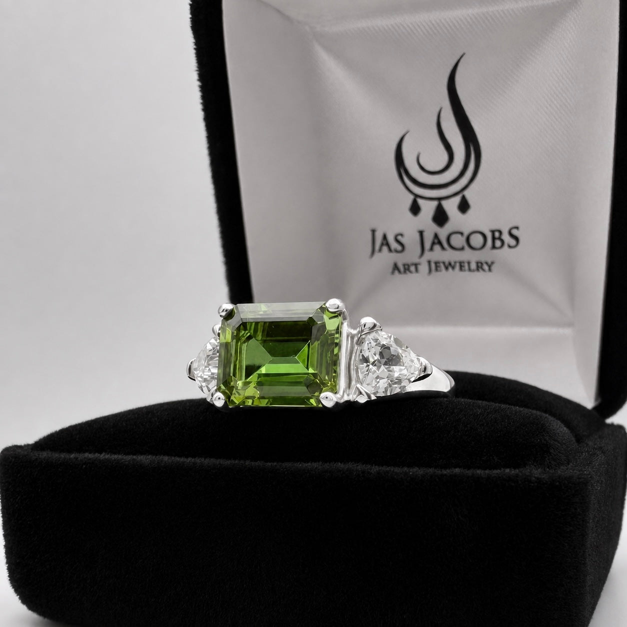 Emerald Cut Peridot & Trillion White Sapphire Art Deco Ring