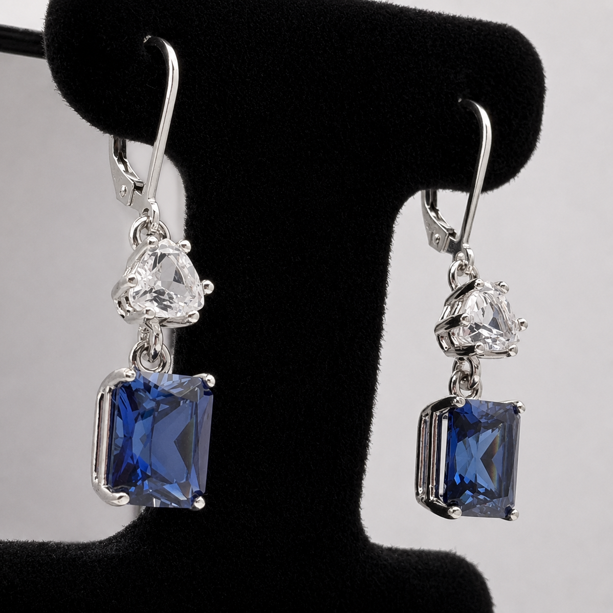 9ctw Emerald Cut Blue Sapphire & White Sapphire Dangle Earrings