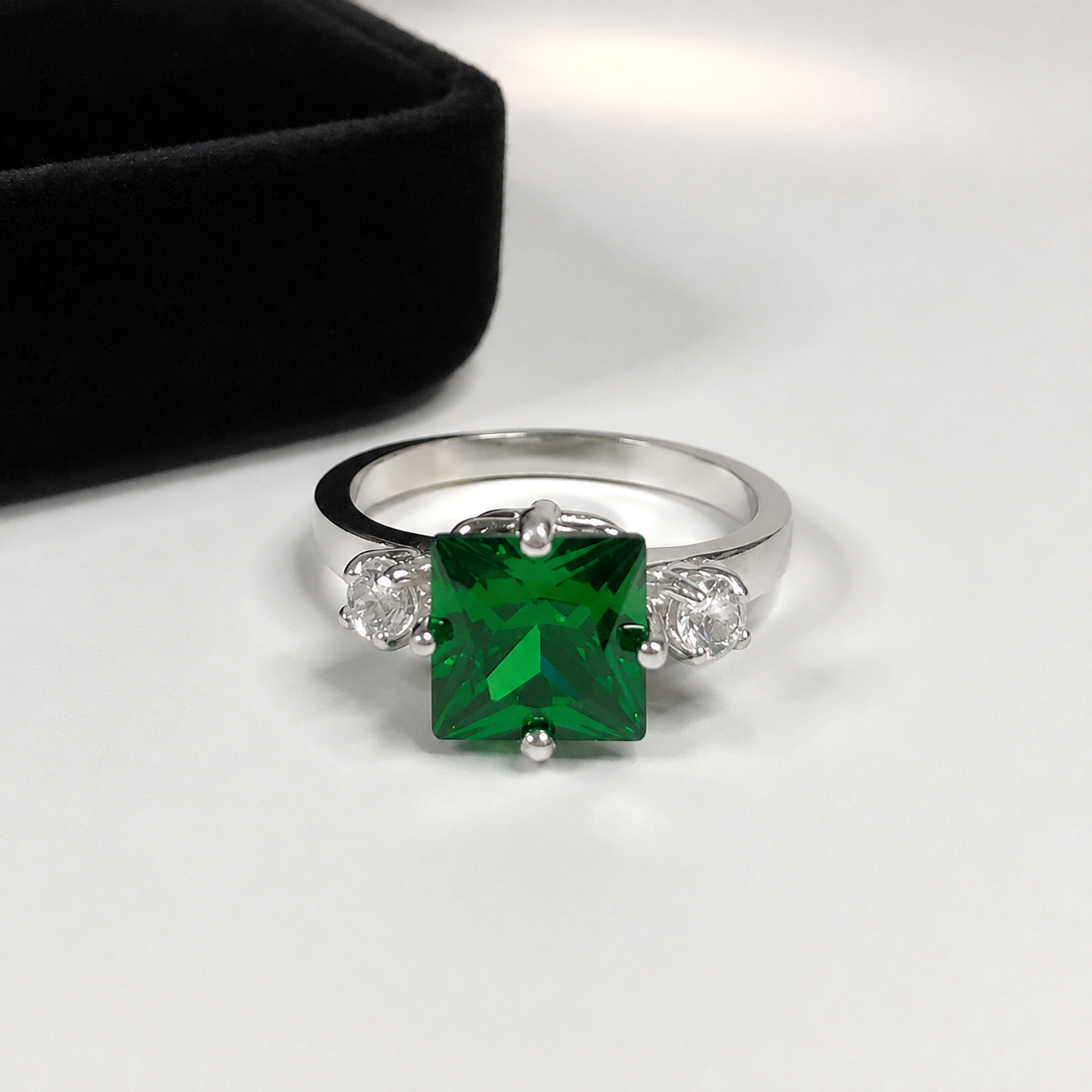 Princess Cut Simulated Emerald & White Sapphire Art Deco Ring