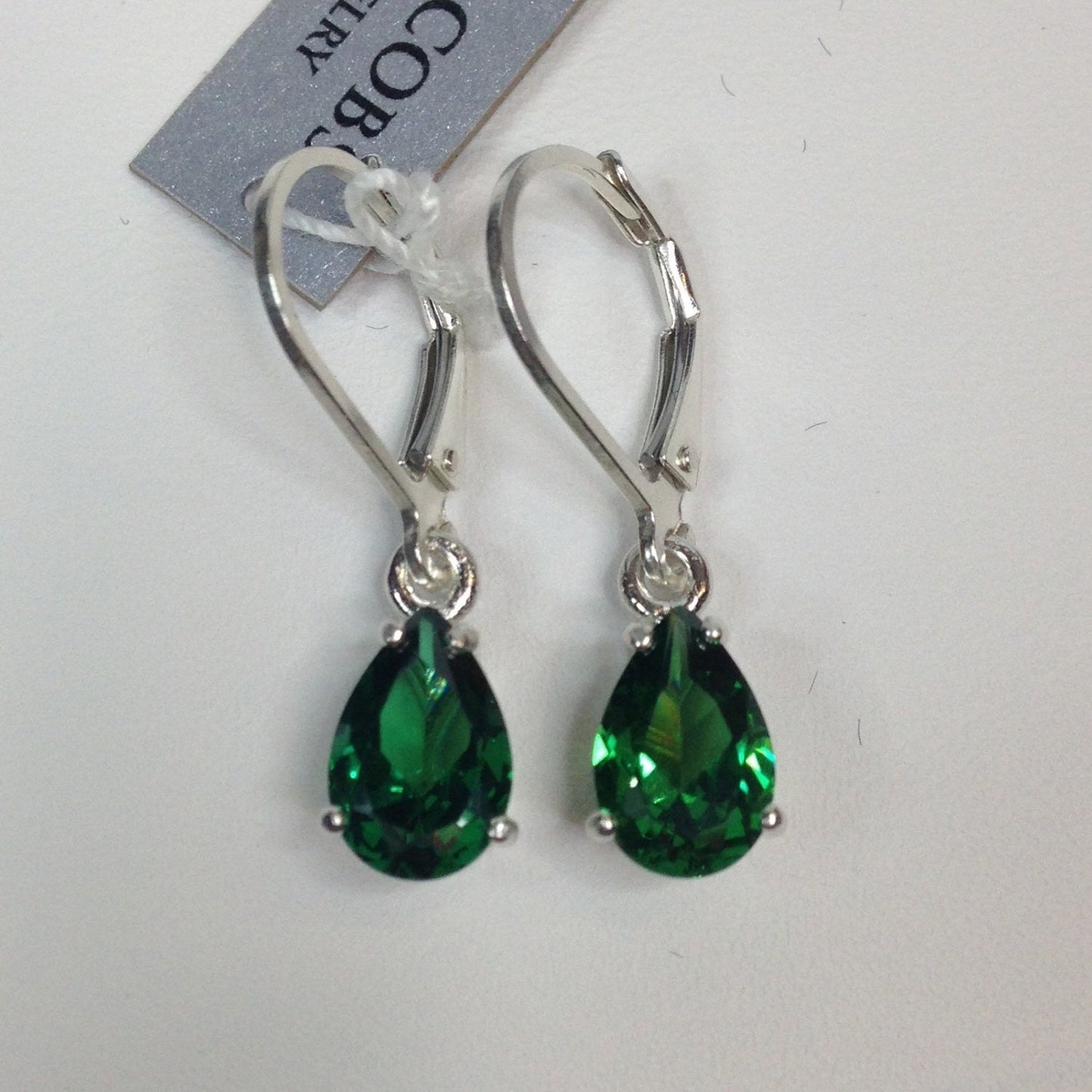 Beautiful 3ctw Pear Cut Emerald Earrings in Sterling Silver Dangle Leverbacks