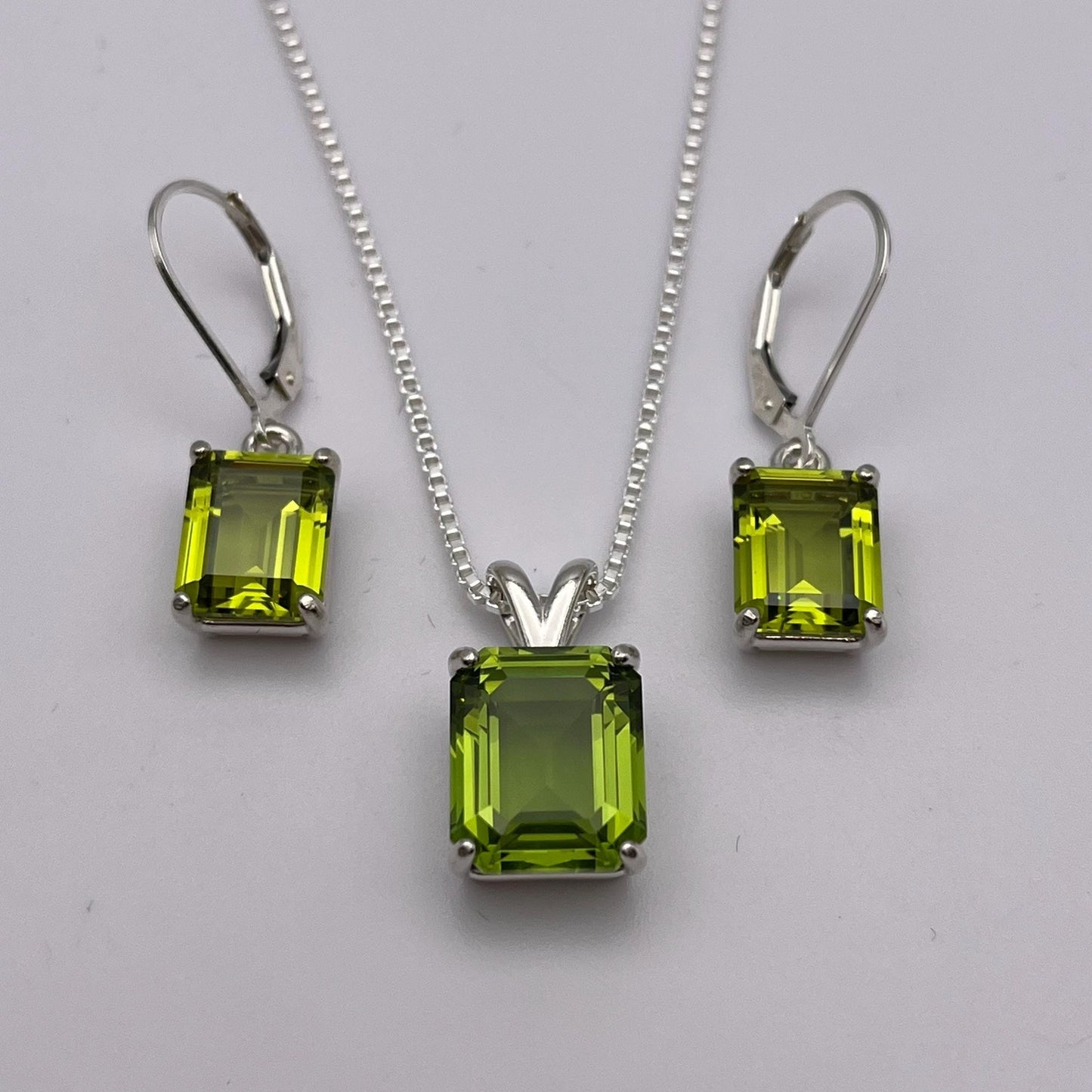 Emerald Cut Peridot Necklace & Earrings Set in Sterling Silver August Birthstone