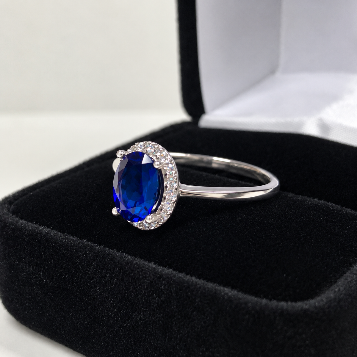 1.5ct Oval Royal Blue Sapphire Halo Ring