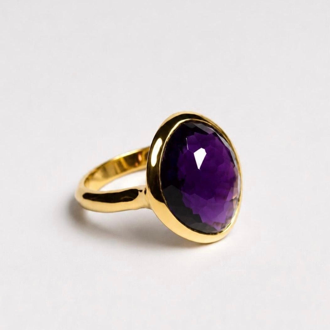 5ct Checker Cut Amethyst Ring | 18K Yellow Gold Vermeil | Modern Bezel Statement Ring