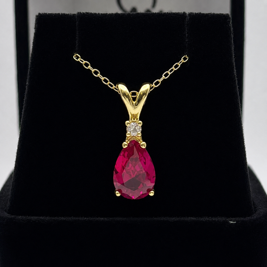 2.2CT Pear Cut Ruby Pendant Necklace | Diamond Accent