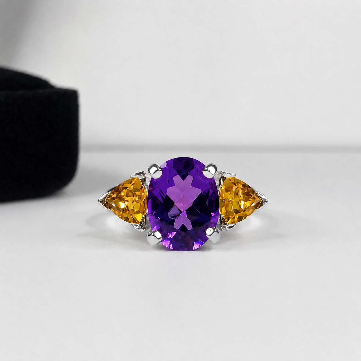 4CTW Oval Cut Amethyst Ring | Trillion Cut Citrine Three Stone Ring | Mardi Gras Ring