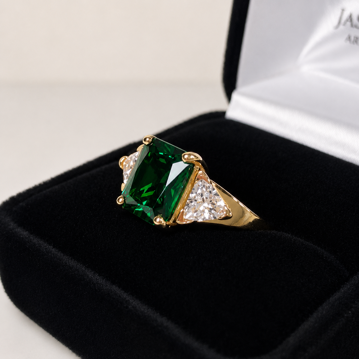 4.5CTW Emerald Cut Emerald Ring | Trillion White Sapphire Three Stone Ring