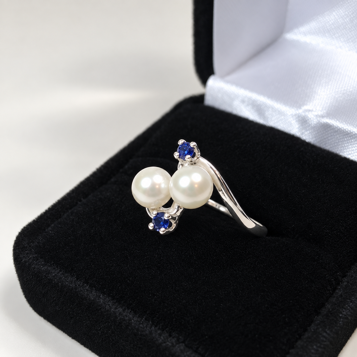 Twin Pearl & Blue Sapphire Ring
