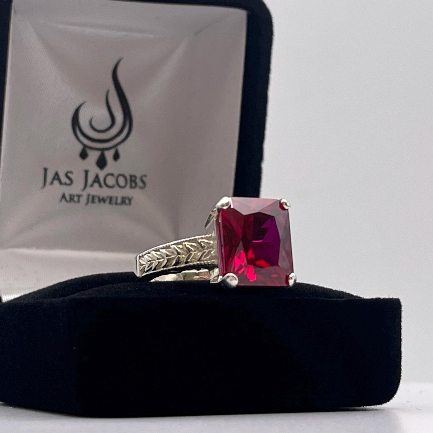 6ctw Emerald Cut Lab Ruby Ring Size 7 Carved Band