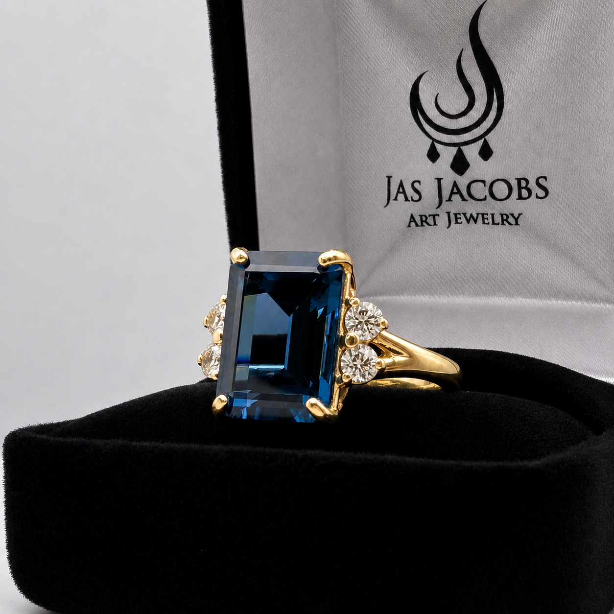 7ct Emerald Cut London Blue Spinel and White Topaz Ring | Split Shank Cathedral Ring | 10k or 14k Gold