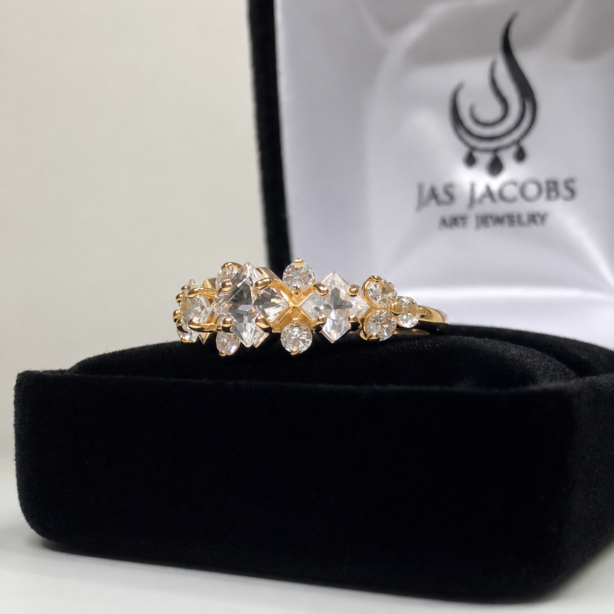 Art Deco Inspired Princess Cut White Sapphire and Diamond Three Stone Ring