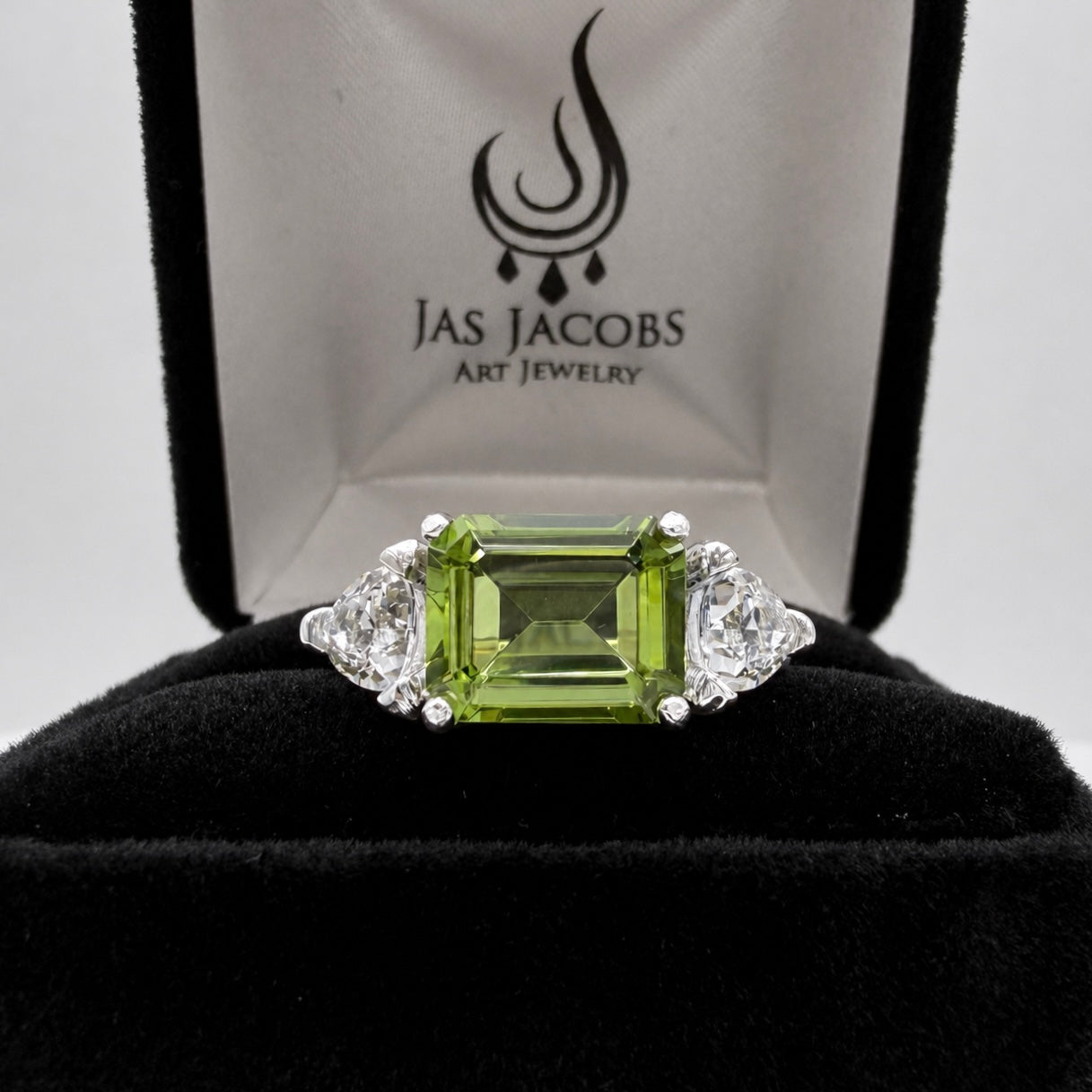 Emerald Cut Peridot & Trillion White Sapphire Art Deco Ring
